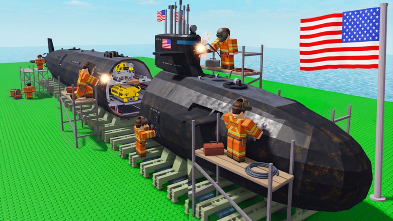 Navy War Roblox screenshot of a submarine in drydock with crew working on the hull